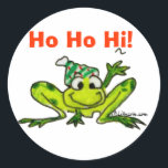 Cartoon Frog Christmas Sticker<br><div class="desc">Sticker someone with a cute cartoon frog waving HO HO HI! for the holidays.   
You can also personalise the text with your own jump for joy messages.</div>