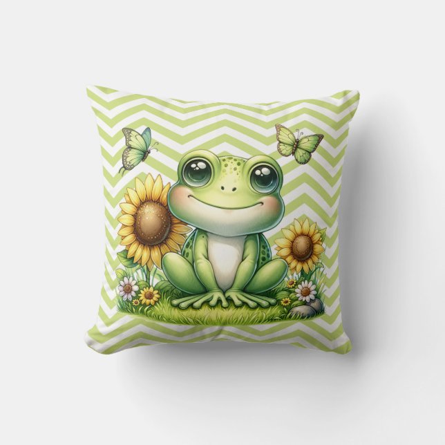 Cartoon Frog Green Chevron Cushion (Front)