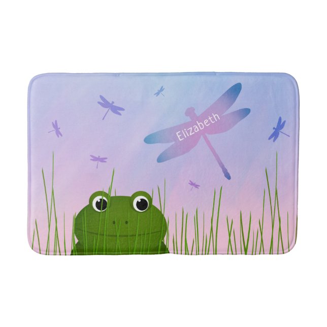 cartoon frog peeking thru grass dragonflies girls bath mat (Front)