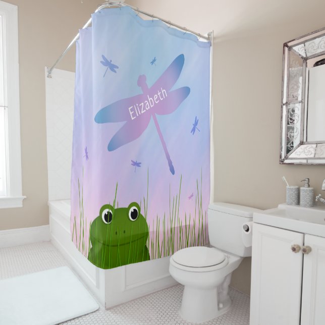 cartoon frog peeking thru grass dragonflies girls shower curtain (In Situ)