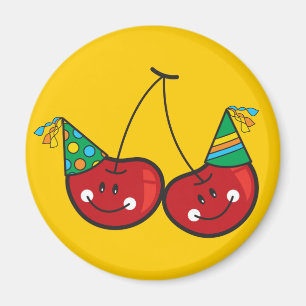 Cartoon Fun & Red Cheeky Cherries With Party Hats Magnet