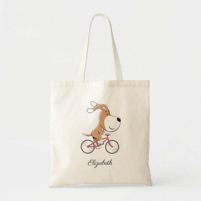 Cartoon Funny Cute Dog Puppy Biking Bicycle Tote Bag (Front)
