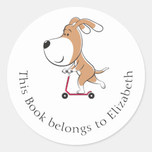 Cartoon Funny Dog Puppy Kick Scooter Bookplate Cla Classic Round Sticker