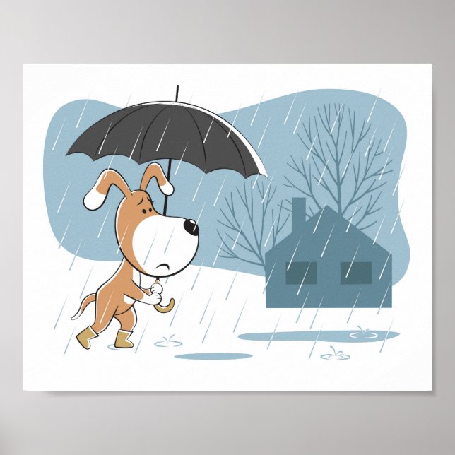 Cartoon Funny Dog Puppy Walking Rain Umbrella Poster (Front)