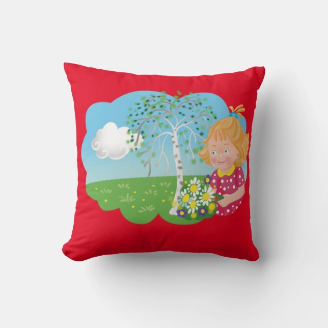 Cartoon funny girl in the meadow and flowers  cushion (Front)