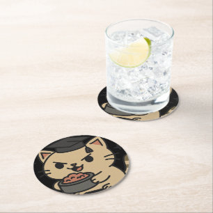 Cartoon Funny Scholar Cat Tuna Paws Round Paper Coaster