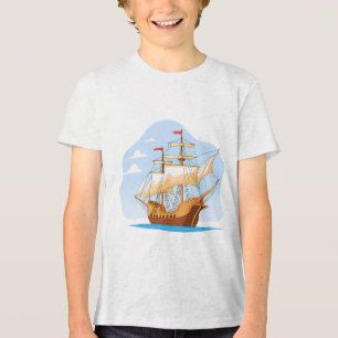 Cartoon Galleon Sailing on Blue Water Tri-Blend Shirt
