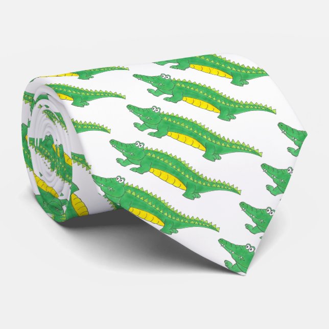 Cartoon Gator Green Alligator Croc Crocodile Tie (Rolled)