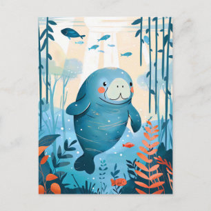 Cartoon Gentle Manatee in Ocean Postcard