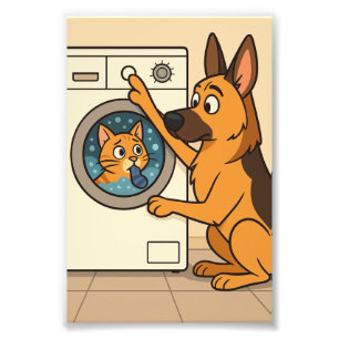Cartoon German Shepherd and Cat Laundry Art  Photo Print