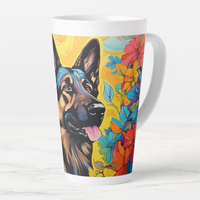Cartoon German Shepherd in a Garden Latte Mug (Right Angle)