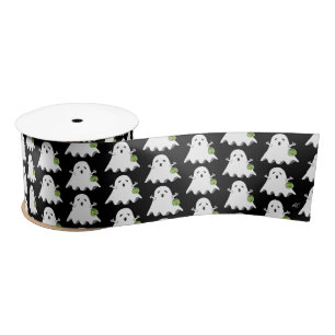 Cartoon Ghost Trick-or-Treater Black Ribbon Satin Ribbon