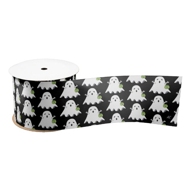 Cartoon Ghost Trick-or-Treater Black Ribbon Satin Ribbon (Spool)