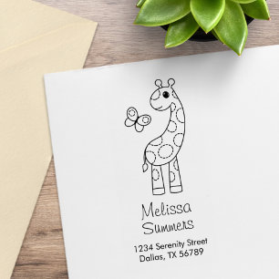 Cartoon Giraffe and Butterfly Colour Me Address Rubber Stamp