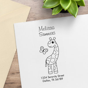 Cartoon Giraffe and Butterfly Colour Me Address Rubber Stamp