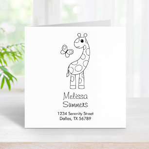 Cartoon Giraffe and Butterfly Colour Me Address Rubber Stamp