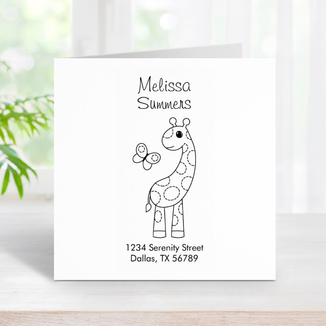 Cartoon Giraffe and Butterfly Colour Me Address Rubber Stamp (Creator Uploaded)