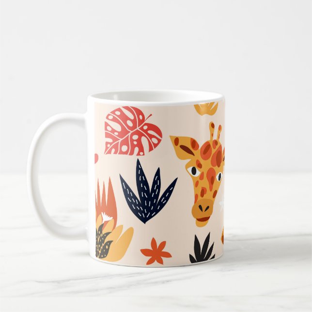 Cartoon Giraffe: Floral Savanna Pattern Coffee Mug (Left)