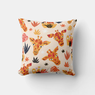 Cartoon Giraffe: Floral Savanna Pattern Cushion