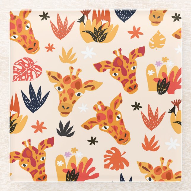 Cartoon Giraffe: Floral Savanna Pattern Glass Coaster (Front)
