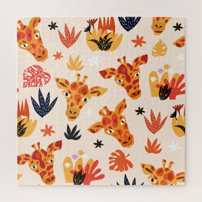Cartoon Giraffe: Floral Savanna Pattern Jigsaw Puzzle (Vertical)