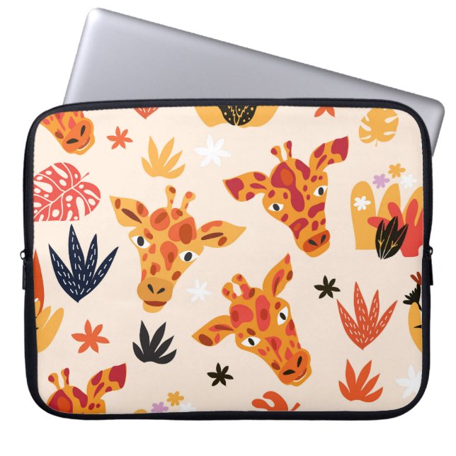 Cartoon Giraffe: Floral Savanna Pattern Laptop Sleeve (Front)