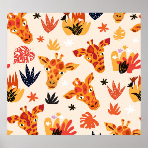 Cartoon Giraffe: Floral Savanna Pattern Poster