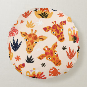 Cartoon Giraffe: Floral Savanna Pattern Round Cushion