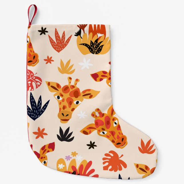 Cartoon Giraffe: Floral Savanna Pattern Small Christmas Stocking (Front)
