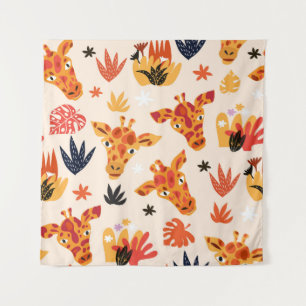 Cartoon Giraffe: Floral Savanna Pattern Tapestry