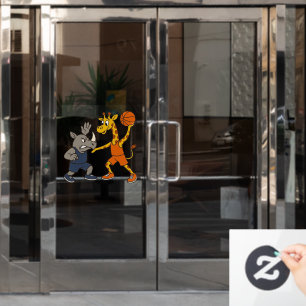 Cartoon giraffe & rhino playing basketball