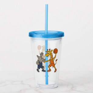 Cartoon giraffe & rhino playing basketball acrylic tumbler
