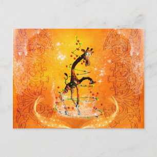Cartoon giraffe with christmas tree holiday postcard