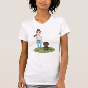 Cartoon Girl & Black And Tan Cavalier Spaniel Dog T-Shirt