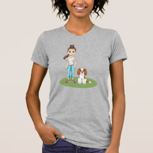 Cartoon Girl & Blenheim Cavalier Dog Illustration T-Shirt