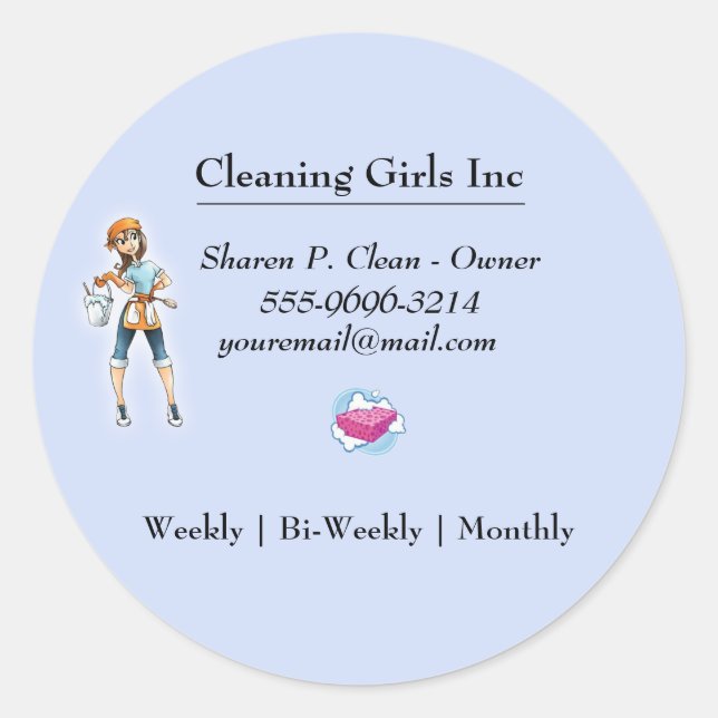 Cartoon Girl Cleaning Service Business Classic Round Sticker (Front)