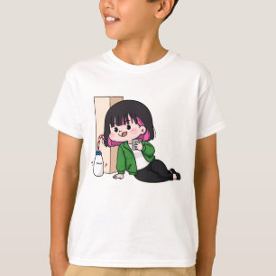 Cartoon Girl Drinking Milk with Phone Illustration T-Shirt