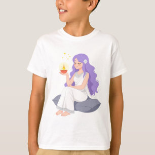 Cartoon Girl Holding Diya – Serene Festival Kids T-Shirt