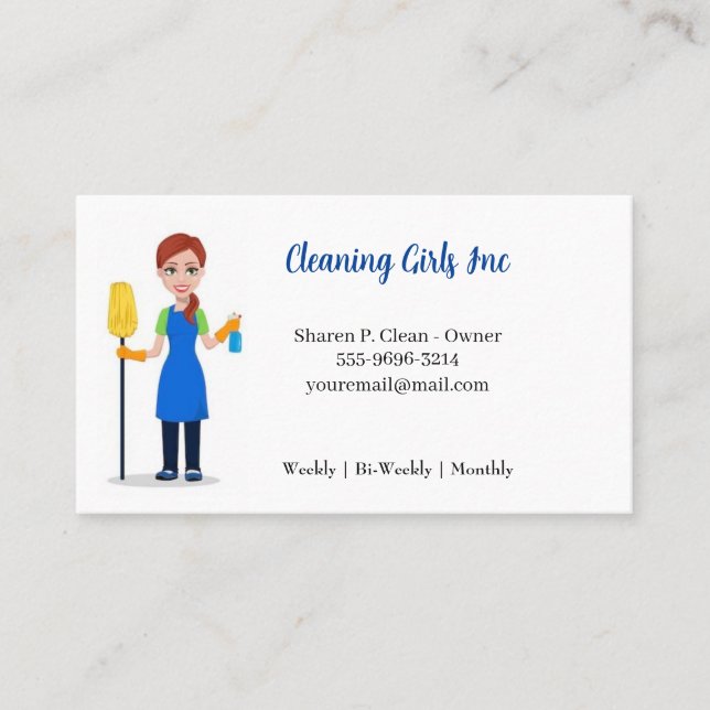 Cartoon Girl House Cleaning Service Business Card (Front)