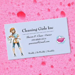Cartoon Girl House Cleaning Service Business Card
