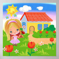 Cartoon girl in a magic garden and house
