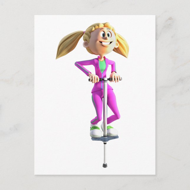 Cartoon Girl on a Pogo Stick Postcard (Front)