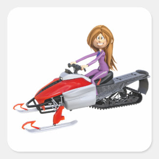 Cartoon Girl on a Snowmobile Square Sticker