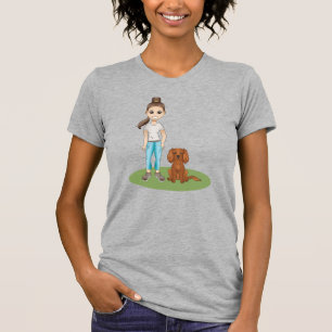 Cartoon Girl & Ruby Cavalier Spaniel Cartoon Dog T-Shirt