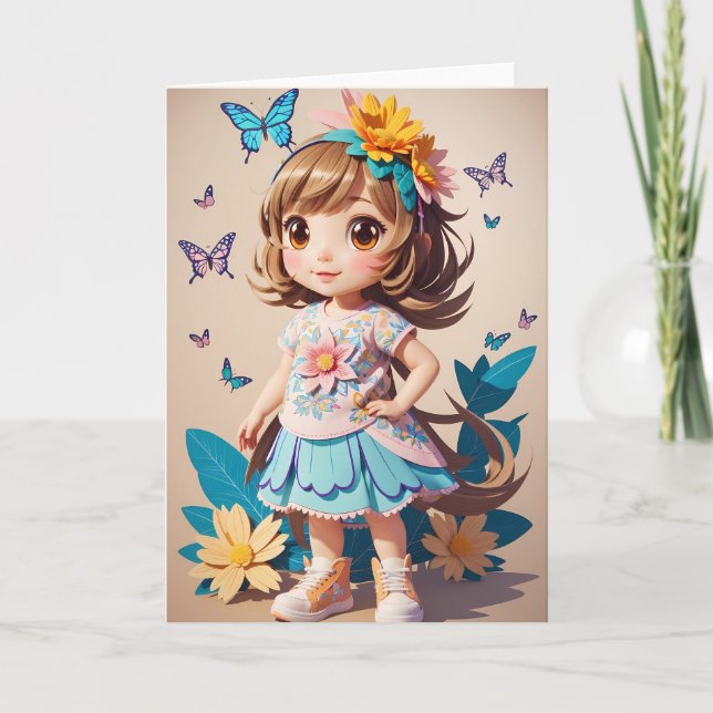 Cartoon Girl with flowers | Card (Front)