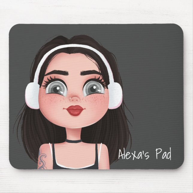 Cartoon Girl with Headphones on Grey Mouse Pad (Front)