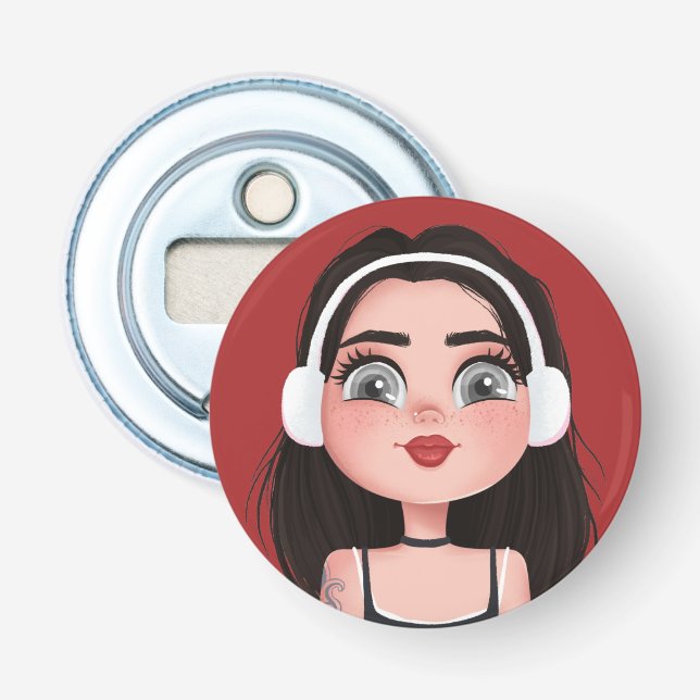 Cartoon Girl with Headphones on Red Bottle Opener (Front)