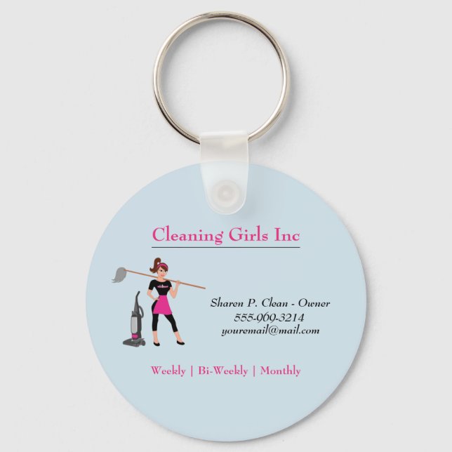 Cartoon Girl with Mop House Cleaning Service Key Ring (Front)