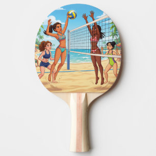 Cartoon Girls Playing Beach Volleyball Ping Pong Paddle