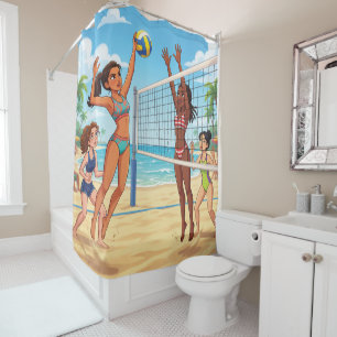 Cartoon Girls Playing Beach Volleyball Shower Curtain